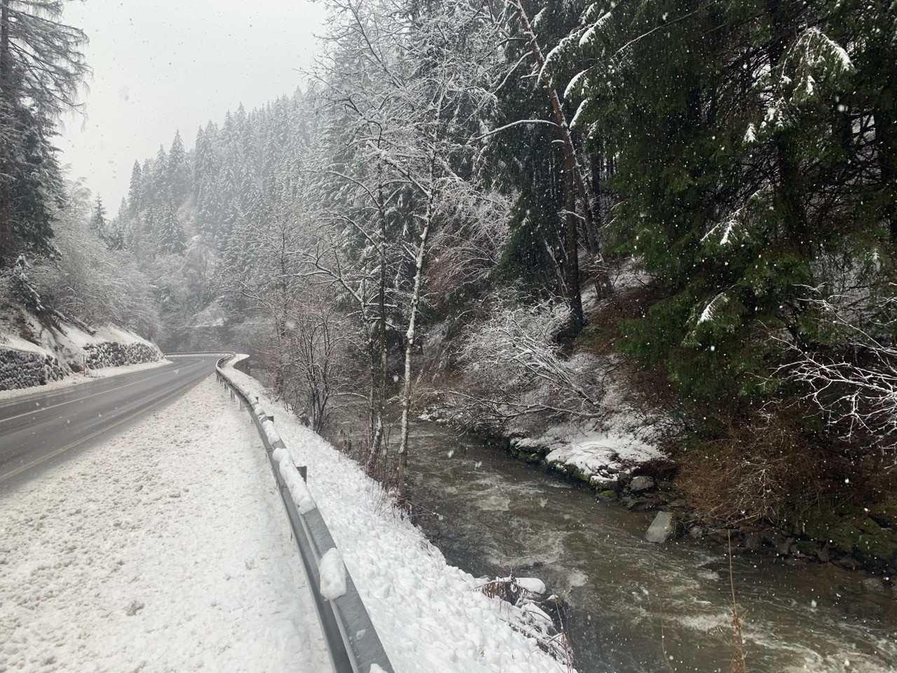Zusammenhängende Schneedecke und Schneefall neben der Olsa (Friesacher -Bundesstraße B317, im Nahbereich 